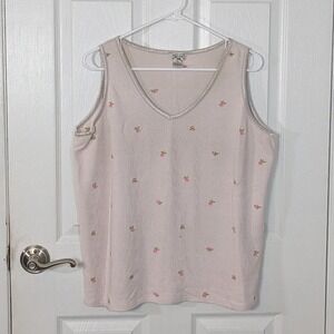 Vintage Nordstrom Intimates Pink Waffle Knit Rose Embroidered Thermal Tank 1X